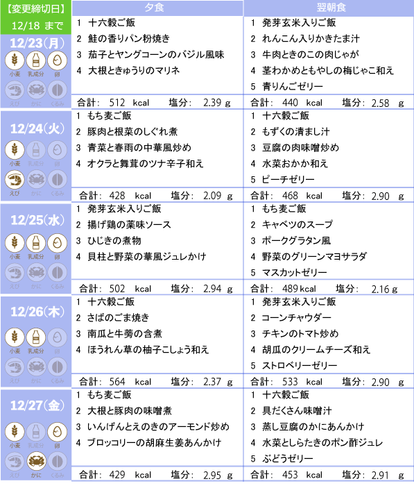 からだ倶楽部　12/23～12/27のメニュー